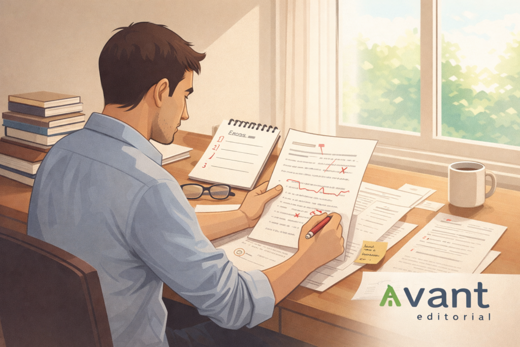 Autor corrigiendo manuscrito en escritorio, representación de los errores al publicar un primer libro
