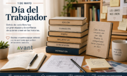 Equipo editorial y escritores trabajando en la creación de libros en el Día del Trabajo