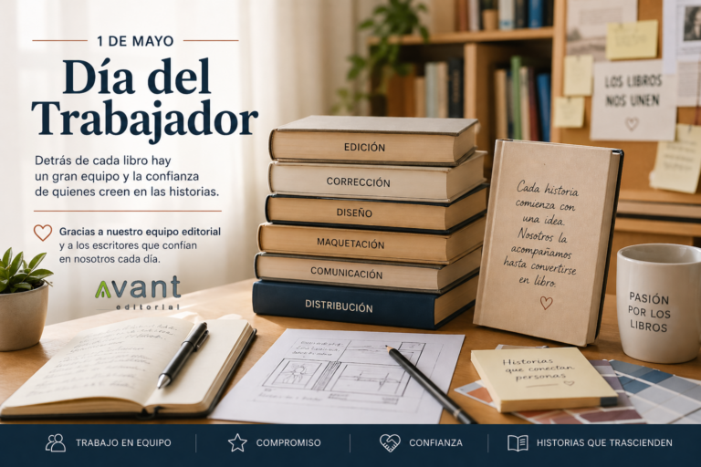 Equipo editorial y escritores trabajando en la creación de libros en el Día del Trabajo