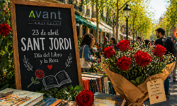 día de Sant Jordi con libros y rosas en la calle