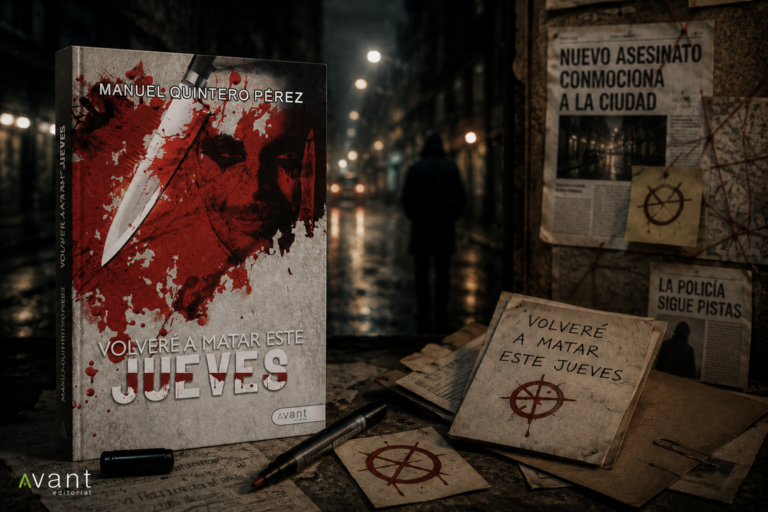 Imagen promocional de Volveré a matar este jueves, thriller psicológico de Manuel Quintero Pérez publicado por Avant Editorial, con estética de investigación criminal, suspense y novela negra.