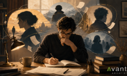 Escritor reflexionando sobre el narrador de una novela, rodeado de personajes y mundos imaginarios, con el logo de Avant Editorial