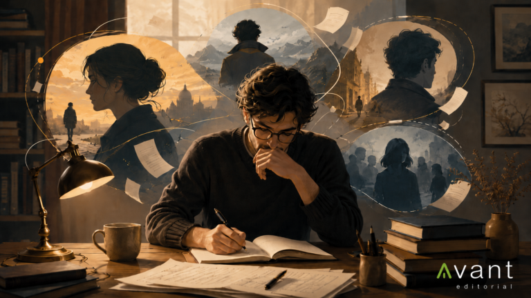 Escritor reflexionando sobre el narrador de una novela, rodeado de personajes y mundos imaginarios, con el logo de Avant Editorial