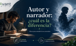 Diferencia entre autor y narrador en literatura, representada con un escritor y una figura ficticia que surge de un libro abierto