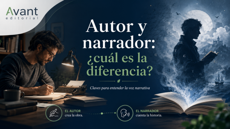 Diferencia entre autor y narrador en literatura, representada con un escritor y una figura ficticia que surge de un libro abierto