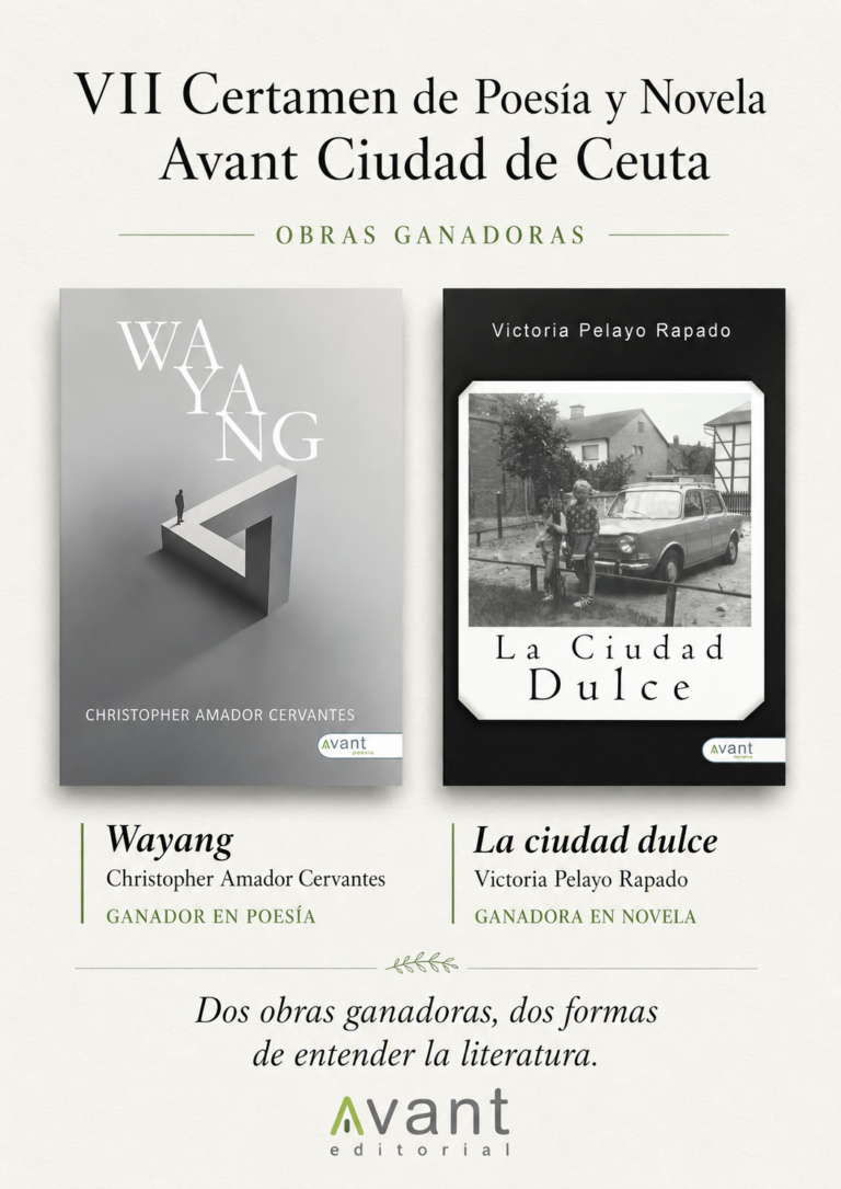 Cartel de las obras ganadoras del VII Certamen de Poesía y Novela Avant Ciudad de Ceuta: Wayang y La ciudad dulce