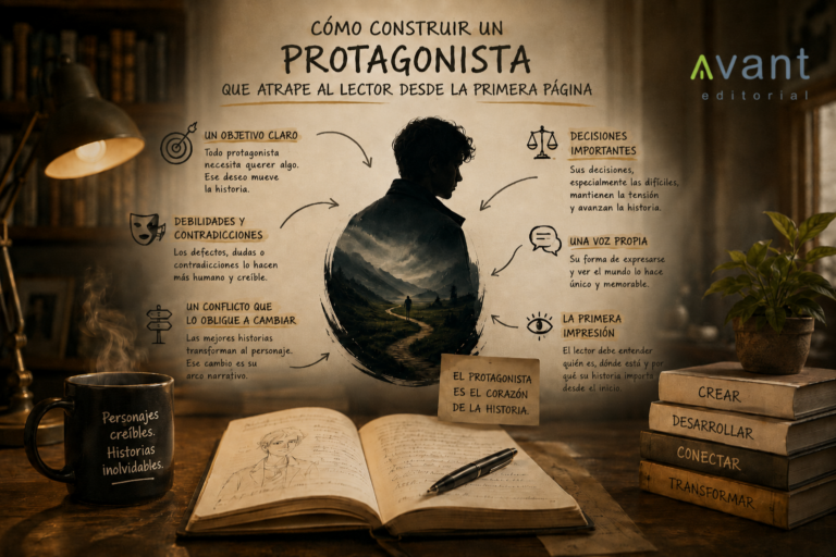 Guía visual para escritores sobre cómo construir un protagonista interesante, creíble y capaz de conectar con el lector desde la primera página.