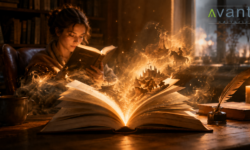 Lectora en una biblioteca con un libro abierto del que emergen historias, imagen sobre novelas que enganchan al lector, de Avant Editorial