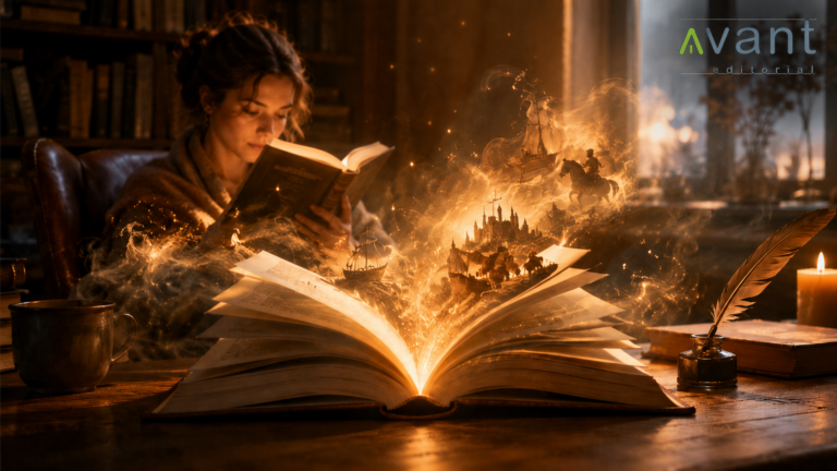 Lectora en una biblioteca con un libro abierto del que emergen historias, imagen sobre novelas que enganchan al lector, de Avant Editorial
